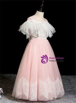 Sweet Pink Tulle Lace Long Flower Girl Dress