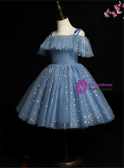 Blue Tulle Sequins Spaghetti Straps Short Flower Girl Dress