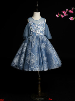 Romance Blue Tulle Appliques Knee Length Flower Girl Dress