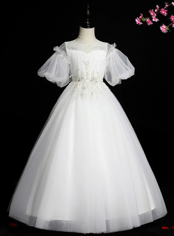 White Ball Gown Tulle Puff Sleeve Sequins Appliques Flower Girl Dress