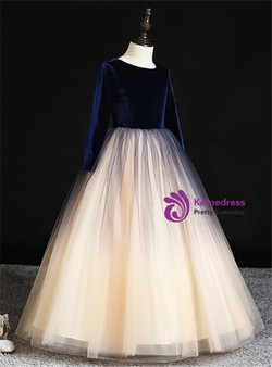 Champagne Ball Gown Tulle Blue Velvet Long Sleeve Flower Girl Dress