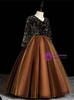 Brown Tulle Sequins V-neck Long Sleeve Flower Girl Dress