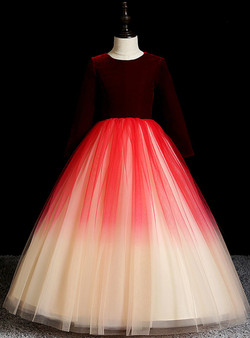 Hot Sale Burgundy Tulle Velvet Champagne Long Sleeve Flower Girl Dress
