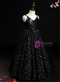 Impressive Black Sequins Spagehtti Straps Flower Girl Dress