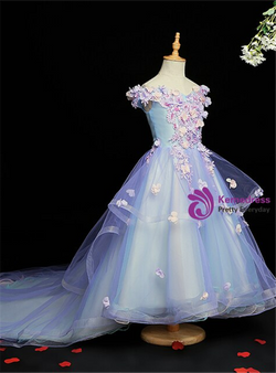 Blue Tulle Hi Lo Off the Shoulder Appliques Flower Girl Dress With Train