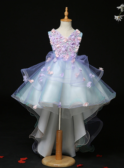 Dazzling Blue Tulle V-neck Hi Lo Appliques Flower Girl Dress