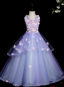 Glittering Blue Tulle Appliques V-neck Flower Girl Dress