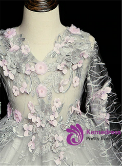 Gray Tulle V-neck Appliques Flower Girl Dress With Shawl