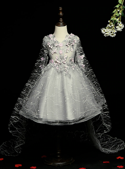 Gray Tulle V-neck Appliques Flower Girl Dress With Shawl