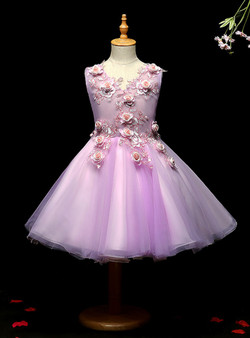 Purple Tulle Appliques V-neck Short Flower Girl Dress