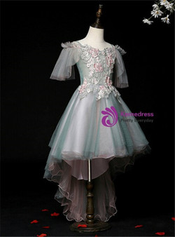 Green Tulle Spagehtti Straps Appliques Hi Lo Flower Girl Dress