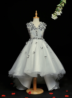 Advanced Gray Tulle Hi Lo V-neck Appliques Flower Girl Dress