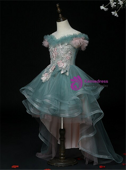 Dark Green Tulle Hi Lo Appliques Pearls Flower Girl Dress