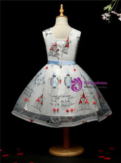 Fancy White Tulle Print Flower Girl Dress
