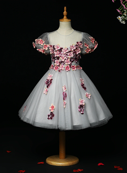 Fashionable Gray Tulle Appliques Puff Sleeve Flower Girl Dress