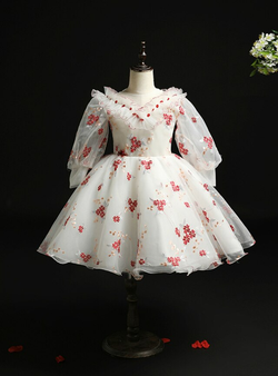 Impressive White Tulle Long Sleeve Appliques Flower Girl Dress