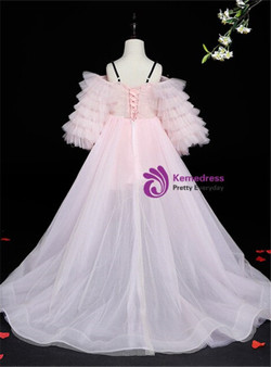 Pink Tulle Hi Lo Puff Sleeve Appliques Flower Girl Dress Pink Tulle Hi Lo Puff Sleeve Appliques Flower Girl Dress