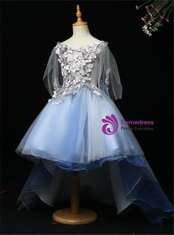 Popular Light Blue Tulle Appliques Hi Lo Flower Girl Dress