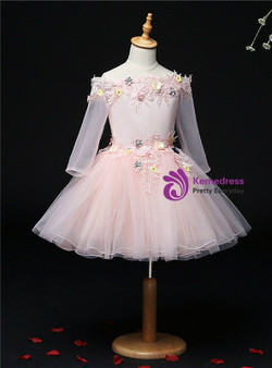 Alluring Pink Tulle Appliques Long Sleeve Flower Girl Dress