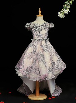 Purple Tulle Embroidery Hi Lo Appliques Flower Girl Dress