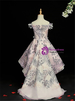 Purple Tulle Embroidery Hi Lo Appliques Flower Girl Dress
