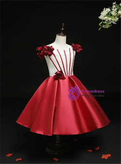 Cheap Burgundy Satin Tea Length Short Flower Girl Dress