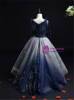 Navy Blue Hi Lo V-neck Tulle Sequins Flower Girl Dress