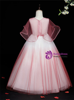 Red Tulle V-neck Appliques Bat Sleeve Flower Girl Dress