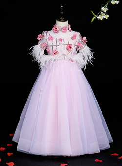 Pink Tulle High Neck Appliques Feather Princess Flower Girl Dress
