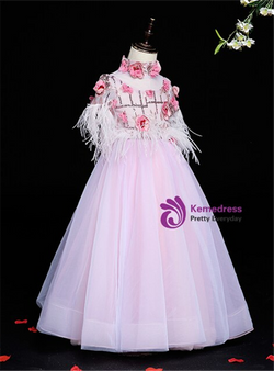 Pink Tulle High Neck Appliques Feather Princess Flower Girl Dress