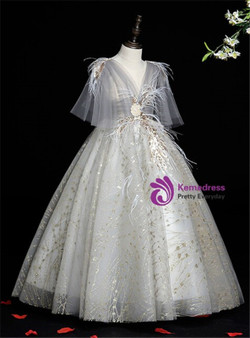 Gray Tulle Sequins Appliques Feather Flower Girl Dress
