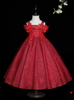 Burgundy Tulle Sequins Straps Appliques Flower Girl Dress