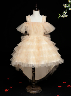 Simple Gold Tulle Sequins Hi Lo Straps Tiers Flower Girl Dress