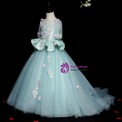 Light Blue Tulle Short Sleeve Appliques Flower Girl Dress