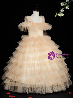 Gold Tulle Sequins Straps Tiers Pearls Princess Flower Girl Dress Gold Tulle Sequins Straps Tiers Pearls Princess Flower Girl Dress