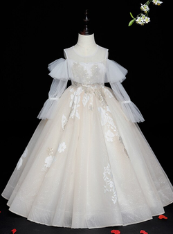 Champagne Tulle Appliques Long Sleeve Flower Girl Dress