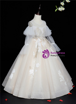 Champagne Tulle Appliques Long Sleeve Flower Girl Dress