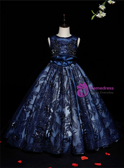 Navy Blue Tulle Sequins Flower Girl Dress With Feather Shawl