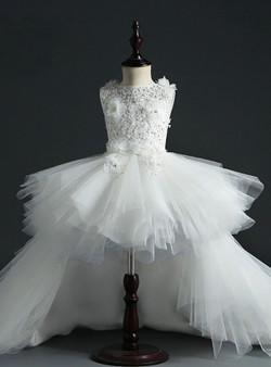White Tulle Hi Lo Appliques Beading Flower Girl Dress