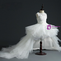 White Tulle Hi Lo Appliques Beading Flower Girl Dress