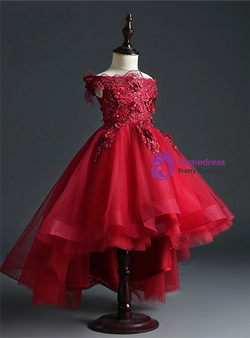 Burgundy Tulle Hi Lo Off the Shoulder Appliques Beading Flower Girl Dress