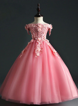 Pink Tulle off the Shoulder Appliques Flower Girl Dress