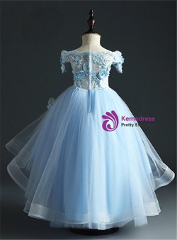 Sky Blue Tulle Hi Lo Off the Shoulder Appliques Beading Flower Girl Dress