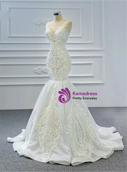 Sexy White Mermaid Sequins V-neck Appliques Beading Wedding Dress Sexy White Mermaid Sequins V-neck Appliques Beading Wedding Dress