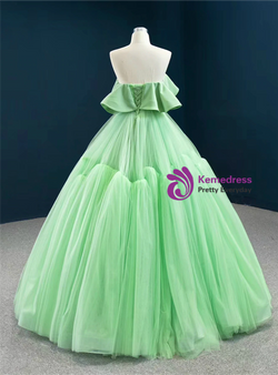Green Ball Gown Tulle Strapless Ruffles Pleats Prom Dress