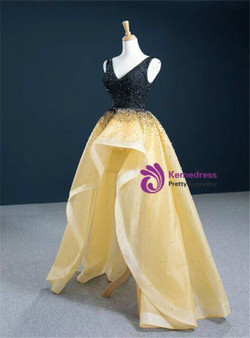 Champagne Hi Lo Organza V-neck Black Beading Prom Dress