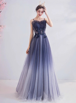 In Stock:Ship in 48 Hours Blue Tulle Sequins Appliques Prom Dress