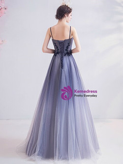 In Stock:Ship in 48 Hours Blue Tulle Sequins Appliques Prom Dress
