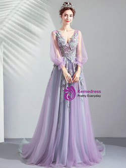 In Stock:Ship in 48 Hours Purple Appliques Long Sleeve Prom Dress