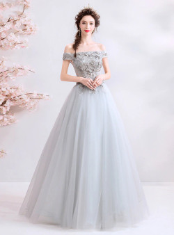 In Stock:Ship in 48 Hours Gray Tulle Appliques Beading Prom Dress